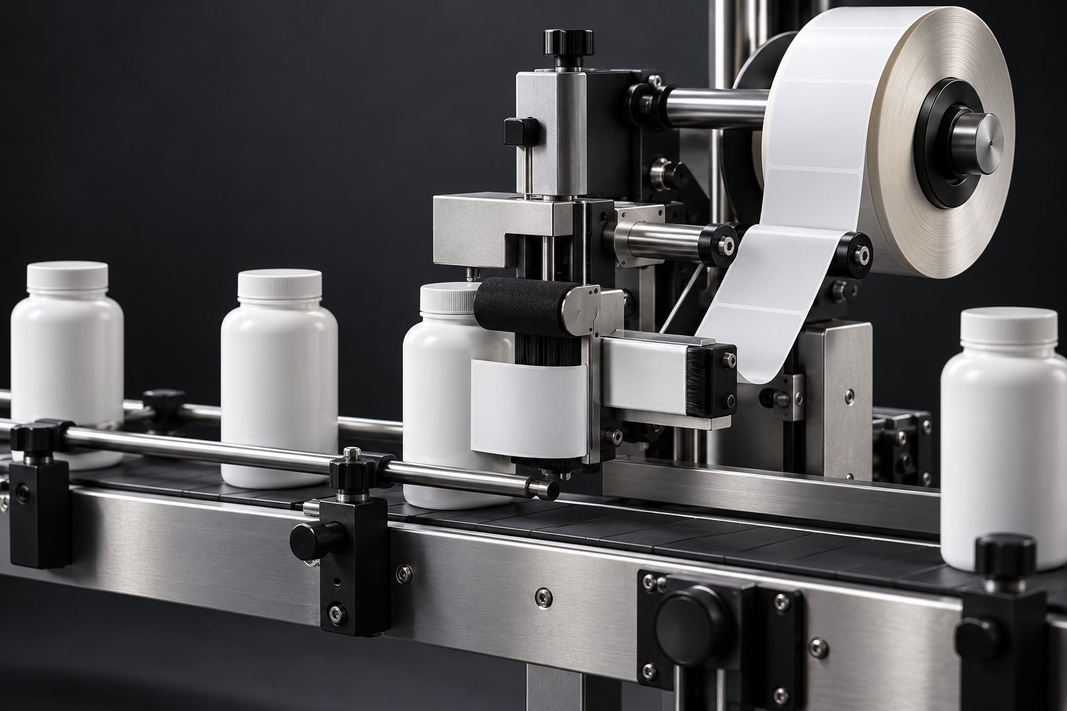 Aplicadora automática colocando etiquetas en botellas